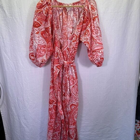 Mara Hoffman Red Floral Adonia Paisley Printed Puff Sleeve Wrap Midi Dress XS - Picture 3 of 9